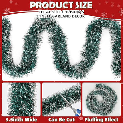 Lush Christmas Tinsel Garland, Dark Green & White Radiant Metallic Twist Streamers for Holiday Decor, Plush & Full Xmas Tree Garland for an Elegant Festive Atmosphere, Indoor & Outdoor Party Supplies