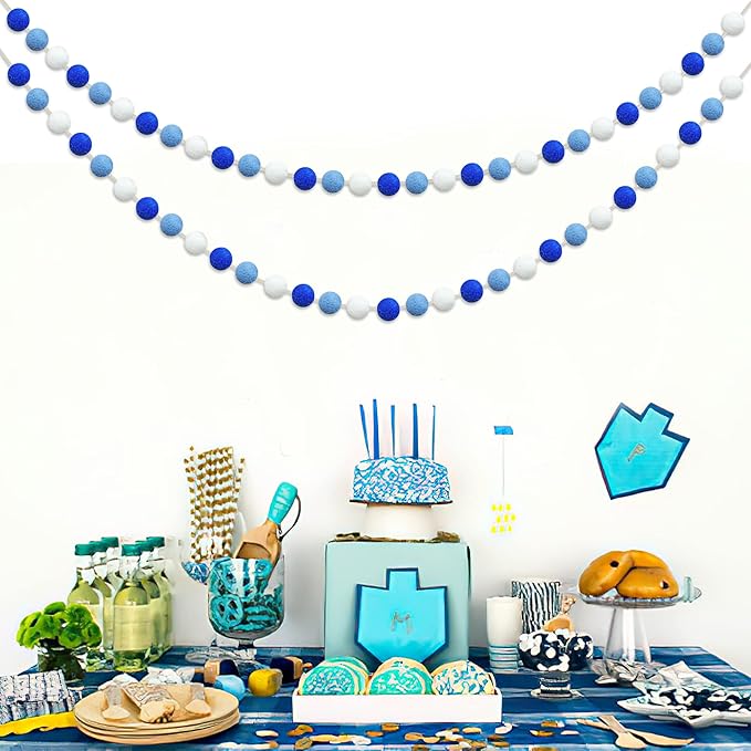 60 Balls Hanukkah Felt Ball Garlands - Hanukkah Decorations- Chanukah Blue Dark Blue White Pom Pom Garlands for Home Tree Menorah- Chanukah Party Indoor Outdoor Home Office Hanging Decor- 25mm