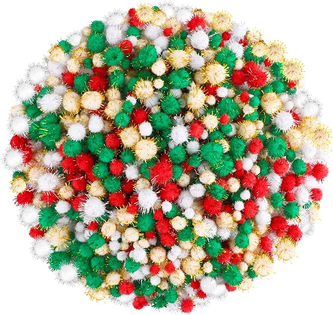 Aneco 900 Pieces Glitter Christmas Pom Poms Assorted Sizes and Colors Pompoms with Glitter Foil Christmas Crafts Fluffy Balls for Holidays DIY Art Crafts Supplies