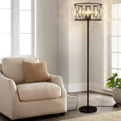 Wellmet Black Crystal Floor Lamp for Living Room, 4 Lights Modern Crystal Standing Lamp, Tall Elegant Floor Lamp with Foot Switch for Office, Reading Room, Bedroom, Dining Room, Entryway(E12 Base)