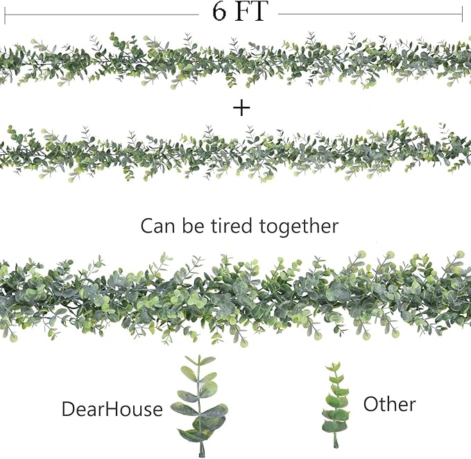 DearHouse Faux Eucalyptus Garland Plant, 2 Pack Artificial Vines Hanging Eucalyptus Leaves Greenery Garland for Wedding Backdrop Arch Wall Decor, 6 Feet/pcs UV Protected Indoor Outdoor