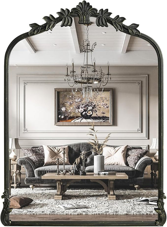 WallBeyond Black Antique Mirror for Vanity 22x30 Inch, Black Vintage Mirror with Ornate Frame, Arched Vintage Wall for Bathroom, Living Room, Fireplace