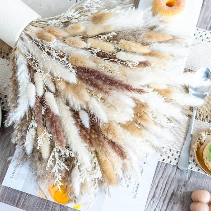 180PCS Natural Dried Pampas Grass Boho Home Decor Bouquet Phragmites Dried Flowers Bouquet for Wedding Floral Arrangements Home Decorations (180PCS)