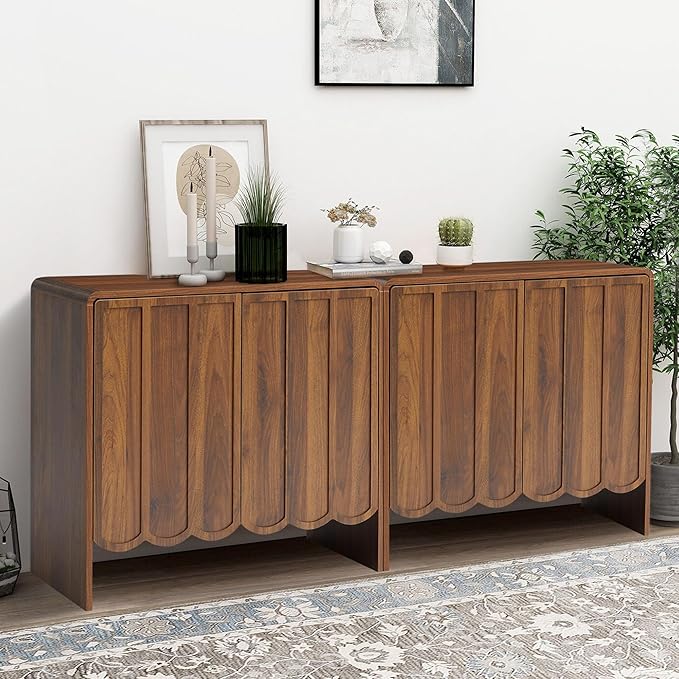 ORRD Sideboard Buffet Cabinet Set of 2, Accent Storage Cabinets with 2 Doors, Farmhouse Wood Cabinet with Adjustable Shelves and Wave Panel for Living Room, Dining Room, Entry - Walnut
