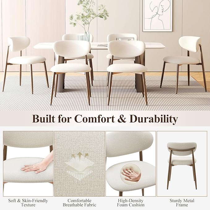 Dining Chairs Set of 6, Upholstered Dining Room Chairs with Metal Legs and Anti Slip Pads, Curved Back Wood Kitchen Chair for Home and Restaurant Use, Beige