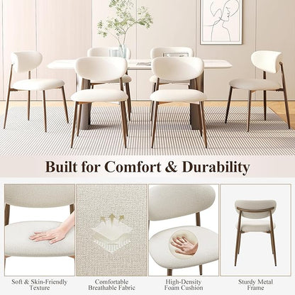Dining Chairs Set of 6, Upholstered Dining Room Chairs with Metal Legs and Anti Slip Pads, Curved Back Wood Kitchen Chair for Home and Restaurant Use, Beige
