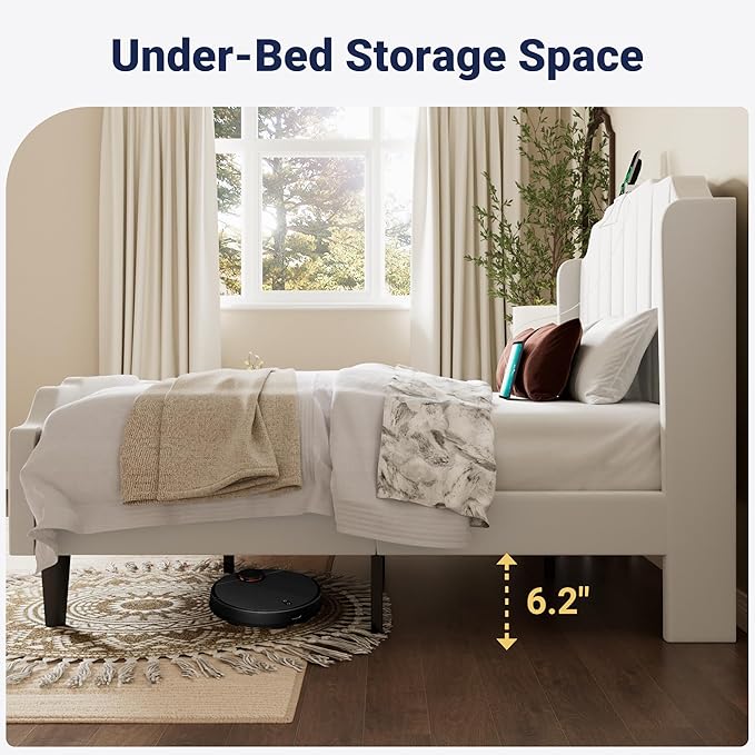 Allewie Vintage Queen Size Velvet Platform Bed Frame with Curved Vertical Tufted Wingback Headboard and Footboard, Charging Station, Easy Assembly, Under Bed Storage, No Box Spring Required, White