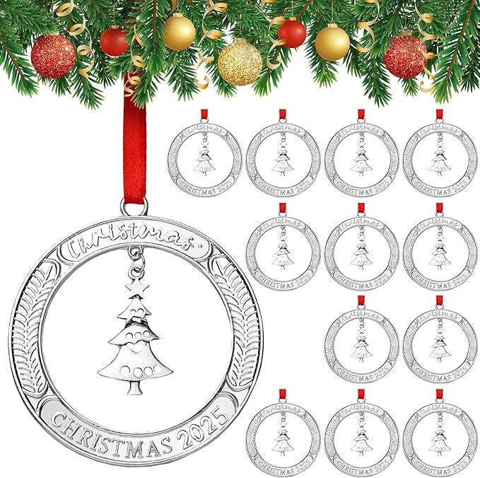 Jinei Christmas Wreath Ornament Bulk 2025 Solid Pewter Christmas Ornament with Rotatable Tree Metal for Xmas Decorative Holiday Keepsake Gift(Xmas Tree)