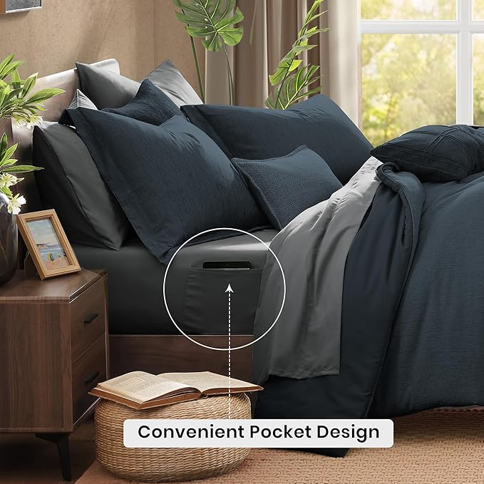 Monbix Twin XL Comforter Set Navy Blue, Cationic Dyeing Bedding Set Reversible 5 Pieces, All Season Bed in a Bag with Comforter, Sheets, Pillowcase & Sham