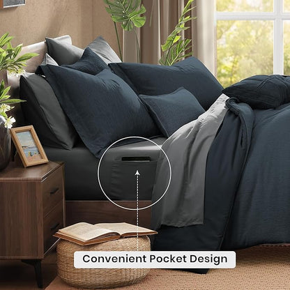 Monbix Twin XL Comforter Set Navy Blue, Cationic Dyeing Bedding Set Reversible 5 Pieces, All Season Bed in a Bag with Comforter, Sheets, Pillowcase & Sham