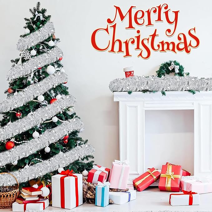 50Ft Christmas Tinsel Garland - Silver Shiny Metallic Twist Decor for Christmas Tree Home Stairs Railing Front Door Mantle Fireplace Indoor Outdoor Holiday Party
