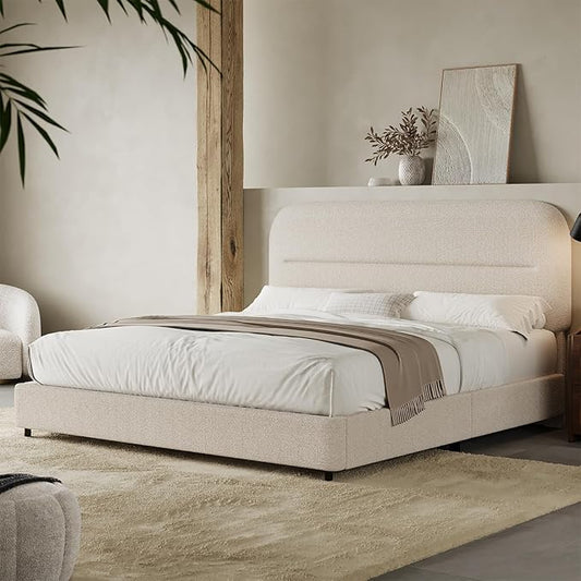 Full Size Boucle Bed Frame, Upholstered Full with Headboard, Soft BedFrame with Thickened Footboard, Soft Rounded Corners, No Box Spring Required, Easy Assembly, Cream