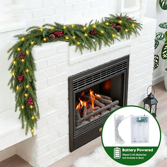 6ft Norfolk Pine Christmas Garland,Thick-Lush Faux Cedar Greenery (118 Full Branches) with LED Lights(40 Pieces), Pinecones & Red Berries for Fireplace Mantels, Tables, Walls | Indoor & Outdoor Decor