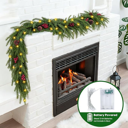 6ft Norfolk Pine Christmas Garland,Thick-Lush Faux Cedar Greenery (118 Full Branches) with LED Lights(40 Pieces), Pinecones & Red Berries for Fireplace Mantels, Tables, Walls | Indoor & Outdoor Decor