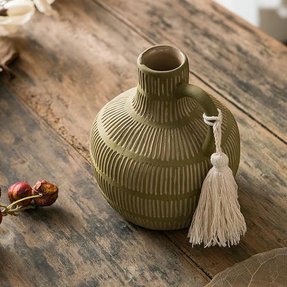 Farmhouse Vase with Handle and Tassel, Grey Yellow Vertical Stripes Design Clay Vase 10'' Tall - Ceramic Flower Vase for Rustic Home Decor, for Fireplace Kitchen Living Room Centerpieces
