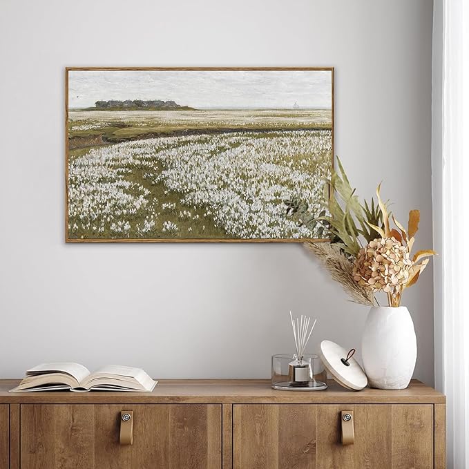 KBKBART Framed Vintage Wall Art Prints, Retro Countryside Flower Field Nature Wilderness Canvas Painting Farmhouse Decor Wall Art, Rustic Landscape Wall Decor for Bathroom, Bedroom Living Room,