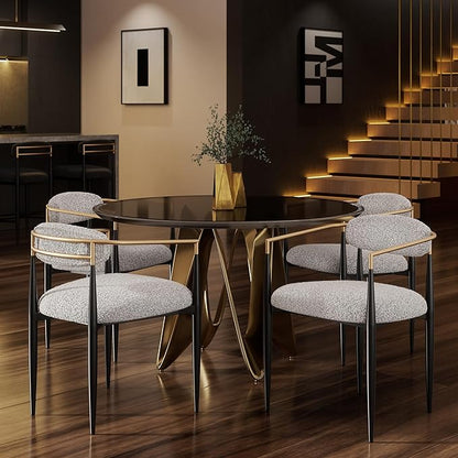 Morden Fort Modern Boucle Dining Chairs Set of 4, Grey Upholstered Dining Chairs with Black Metal Legs and Gold Armrest, for Kitchen, Living Room and Bedroom