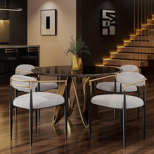 Morden Fort Modern Boucle Dining Chairs Set of 4, Grey Upholstered Dining Chairs with Black Metal Legs and Gold Armrest, for Kitchen, Living Room and Bedroom