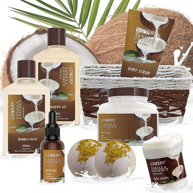 Gifts For Women Gift Basket for Women– 9 Piece Set of Vanilla Coconut Home Spa Set, Includes Fragrant Lotions, Extra Large Bath Bombs, Coconut Oil, Luxurious Bath Towel & More