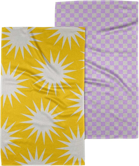 GEOMETRY Kitchen Towels Quick Dry Microfiber Premium Towel Lilac Sunburst 2 Pack Set 18x30