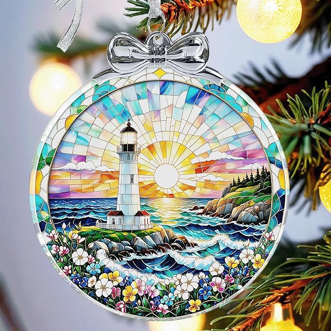 Lighthouse Ornament Crystal Glass with Gift Box- Lighthouse Gifts for Women- Hanging Ornaments for Christmas Tree Xmas Decorations, Holiday Keepsake Present Exchange Ideas