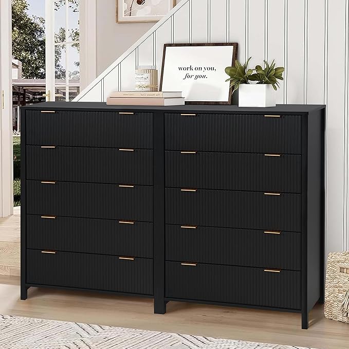5 Drawer Double Dresser for Bedroom, Modern Wide Chest of Drawers with Fluted Panel Design,Wood Storage Dressers Chest of Drawers for Bedroom Living Room Hallway Closet,Black,2 Sets