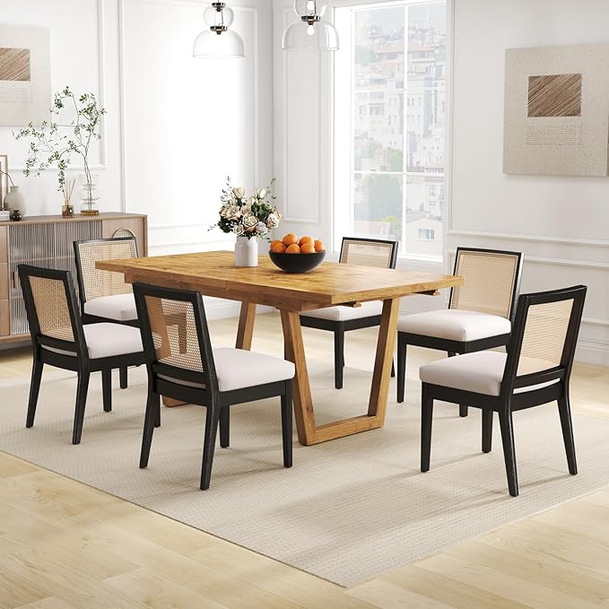 Farmhouse Rattan Dining Chairs Set of 6 Black Wood Dining Room Chairs Rectangle Cane Country Kitchen Chairs Upholstered Wood Dining Chair for Dining Room, Cream Linen