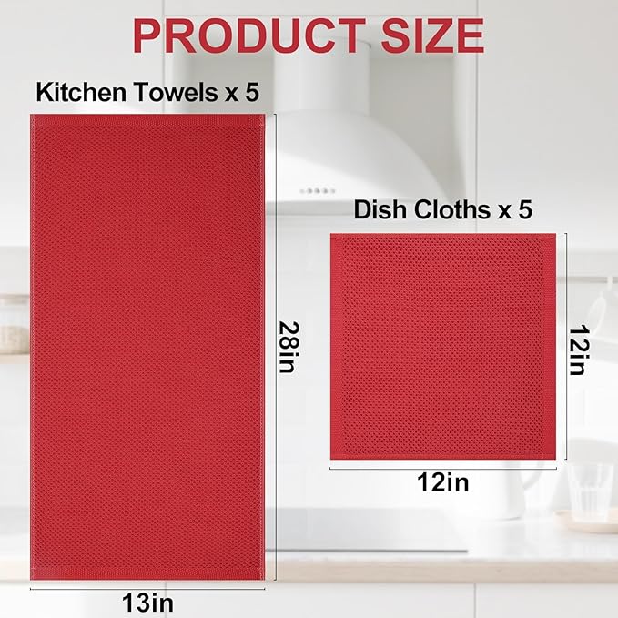 Homaxy 100% Cotton Kitchen Towels and Dishcloths Set, 12 x 12 Inches and 13 x 28 Inches, Set of 10 Bulk Kitchen Towels Set, Ultra Soft Absorbent Dish Cloths for Washing Dishes, Red
