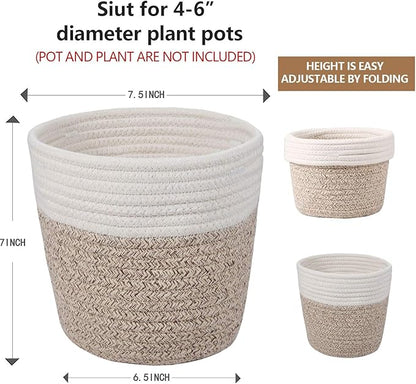 Cotton Rope Plant Basket Modern Woven Basket for 6" Flower Pot Floor Indoor Planters,Rustic Home Decor Storage Organizer H6 3/4" x W6 1/2"