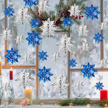 OuMuaMua Winter Christmas Snowflake Decorations Indoor, 36PCS 3D Silver Blue Snowflakes Christmas Hanging Ornaments for Home Xmas Holiday Winter Wonderland New Year Party Decor Supplies