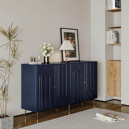 Modern Sideboard Buffet 60" Accent Cabinet, Navy Blue Wood Credenzas Entryway Table with Storage for Living Room Home Bar, 4 Doors & Adjustable Shelves