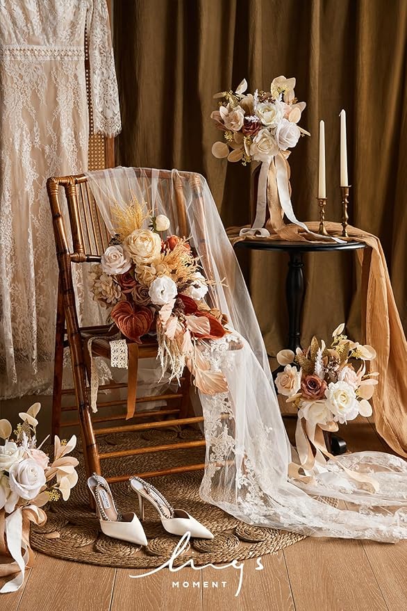 Ling's moment Artificial Flowers Boho Bridesmaid Bouquet, White Beige Wedding Flowers Bouquets for Bridesmaids, 7 Inch Bridal Bouquets for Bridesmaids, Wedding, Ceremony, Anniversary, etc