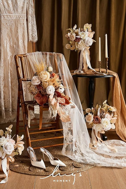 Ling's moment Artificial Flowers Boho Bridesmaid Bouquet, White Beige Wedding Flowers Bouquets for Bridesmaids, 7 Inch Bridal Bouquets for Bridesmaids, Wedding, Ceremony, Anniversary, etc