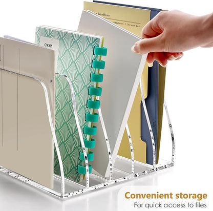 SANRUI Acrylic Desk File Organizer, 5 Vertical Compartments Clear Magazine File Holder Workspace Sorters, Folder Rack for Office Accessories Organization Storage