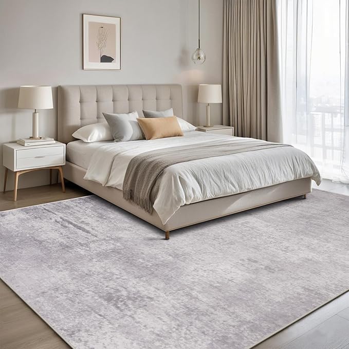 Washable Rugs 8x10 Area Rugs for Living Room,Modern Abstract Rugs for Bedroom,Large Carpets,Ultra Soft Faux Wool Retro Dining Room Rug,Non Slip&Non-Shedding Low Pile Print Rug- Grey