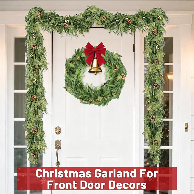 Extra Thick&Lush-6 Ft by 10 Inch Real Touch Norfolk Pine Garland,Christmas Garland Artificial Realistic Soft Thickness Greenery Pine Cypress Pinecones Garlands for Mantle Fireplace Home Indoor Outdoor