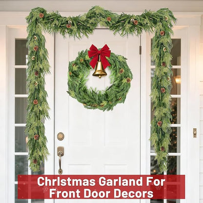 Extra Thick&Lush-6 Ft by 10 Inch Real Touch Norfolk Pine Garland,Christmas Garland Artificial Realistic Soft Thickness Greenery Pine Cypress Pinecones Garlands for Mantle Fireplace Home Indoor Outdoor