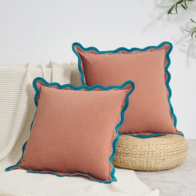 MONDAY MOOSE Decorative Throw Pillow Covers Cushion Cases, Set of 2 Soft Velvet Scalloped Wavy Edge Designs, Mix and Match for Home Decor, Pillow Inserts Not Included (Teal/Pink, 18x18 inch)