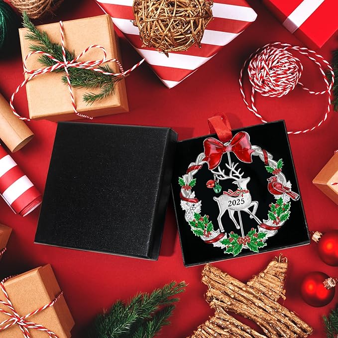 Christmas Ornament 2025 for Christmas Tree Decorations, Dated 2025 Christmas Wreath Ornament with Rotatable Deer for Holiday Decorative Keepsake Gift(Metal,1 Pack)