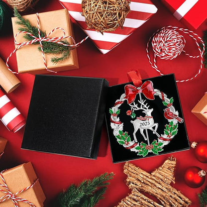 Christmas Ornament 2025 for Christmas Tree Decorations, Dated 2025 Christmas Wreath Ornament with Rotatable Deer for Holiday Decorative Keepsake Gift(Metal,1 Pack)