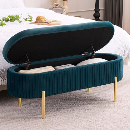 Velvet Storage Bench for Bedroom Upholstered End of Bed Bench Modern Ottoman with Gold Legs for Living Room/Window/Entryway (Teal/Blue-Green, Oval-45.5" W)