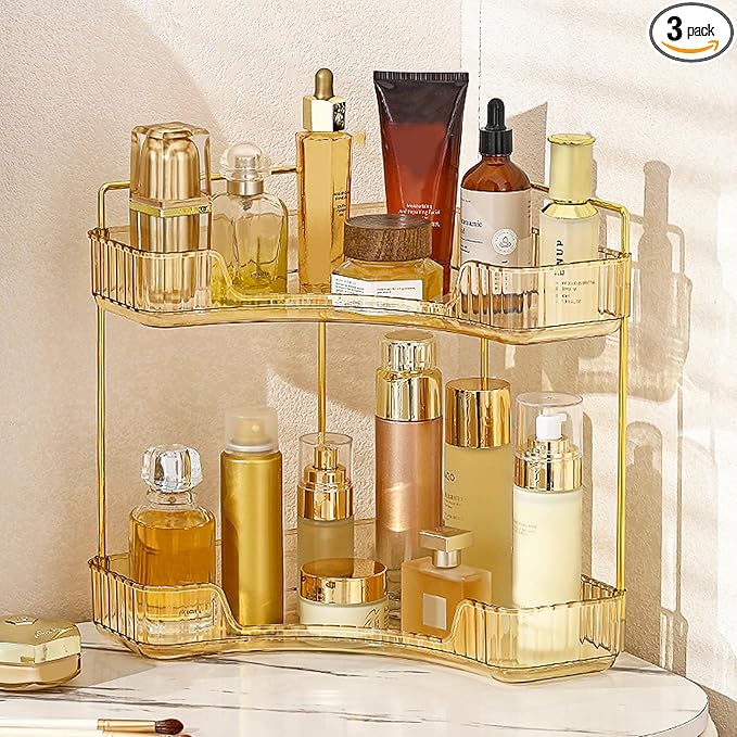 Aveniee Corner Bathroom Counter Organizer, Bathroom Countertop Shelf Makeup Organizer for Vanity Perfume Corner Storage (2 Tiers, Gold)