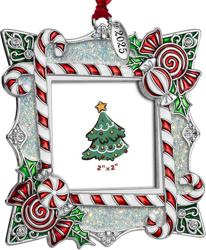 2025 Christmas Ornaments 2 inch Picture Frame Metal Hanging Pendant for Tree Small Decorative Keepsake, Display Photo for Baby and Pet (Candy Silver (2025))