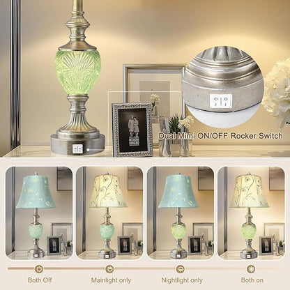 Table Lamp Set of 2 with Nightlight and USB A+C Ports, 27'' High Vintage Table Lamps with Silver Leaf Finish and Embroidered Shade, Nightstand Lamps Decor for Bedroom Living Room Home Office