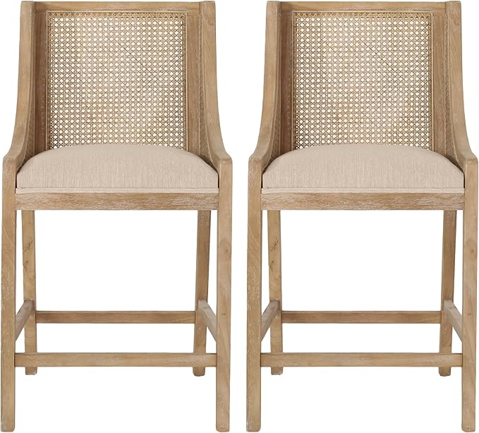 Merax 25.5" Fabric Upholstered Wood and Cane Counter Stools with Backrest,Set of 2,French Country Barstools Dining Chair