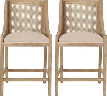 Merax 25.5" Fabric Upholstered Wood and Cane Counter Stools with Backrest,Set of 2,French Country Barstools Dining Chair