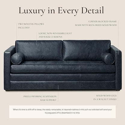 POLY & BARK Napa 82" Leather Pull-Out Convertible Sleeper Sofa in Midnight Blue