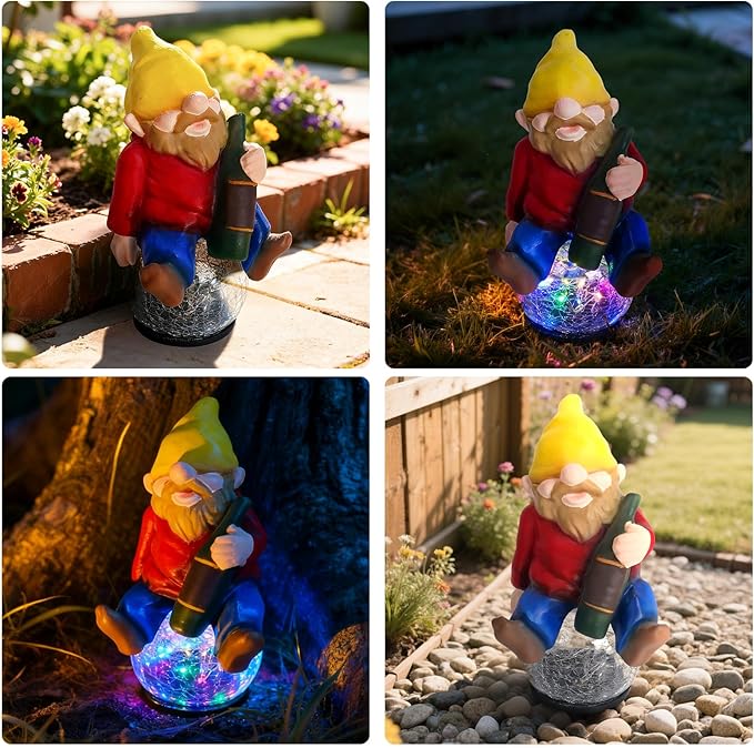 Drinking Gnome Solar Garden Statue - Funny Gnome Figurine with Colorful Crackle Ball LED Light - Perfect Novelty Patio Decor and Gag Gifts - Hilarious Christmas House Warming Gifts New Home