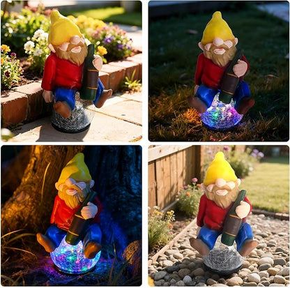 Drinking Gnome Solar Garden Statue - Funny Gnome Figurine with Colorful Crackle Ball LED Light - Perfect Novelty Patio Decor and Gag Gifts - Hilarious Christmas House Warming Gifts New Home