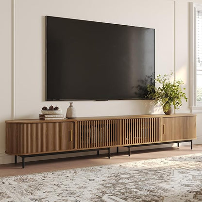 POVISON Fully-Assembled Sliding Tambour Door TV Stand, Mid Century Modern TV Console, Wood Media Console, Entertainment Center with Storage Cabinet (Walnut, 118.11")
